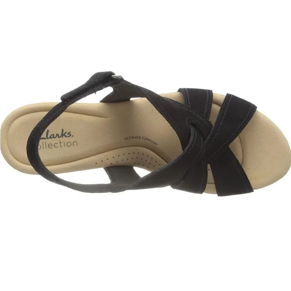 Clark’s Rose Erin Wedge Black Sandals Size 7.5 NWOB